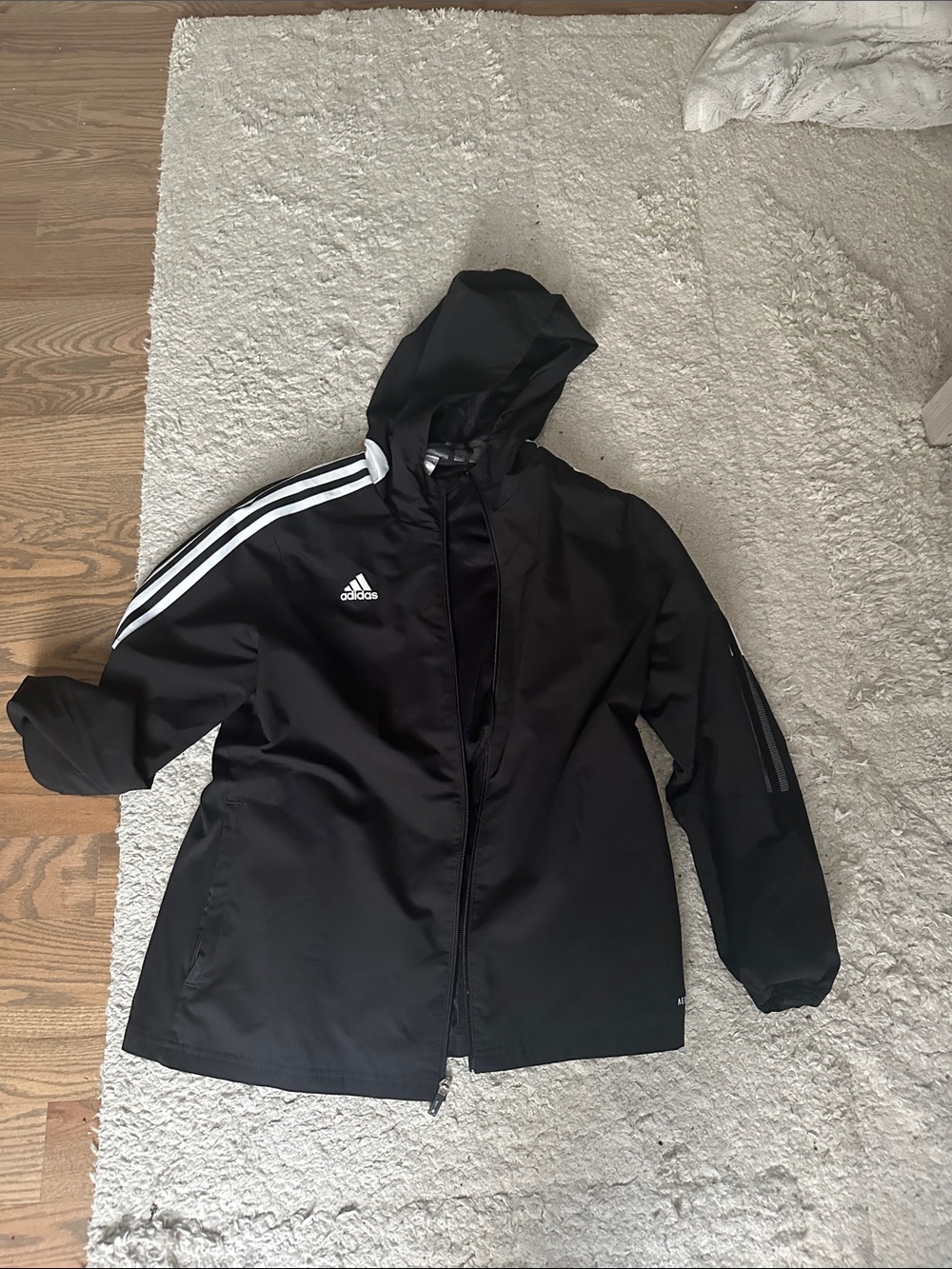 adidas Black Hooded Jacket with White Three-Stripes